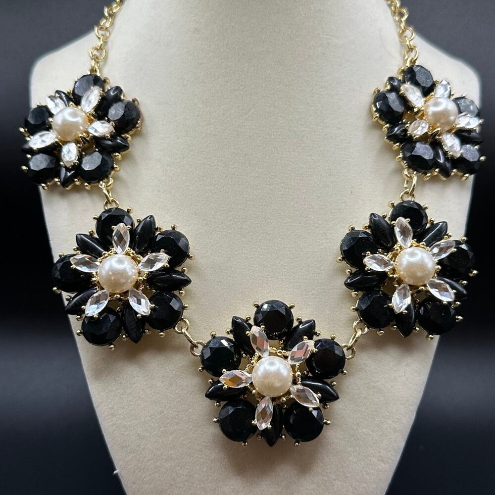 Gold Necklace with Pearl Black Crystal Rhinestones Statement Piece Estate Find